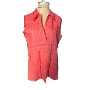 Nazar Linen Blouse Embroidered Lite Orange Button Down tunic Large